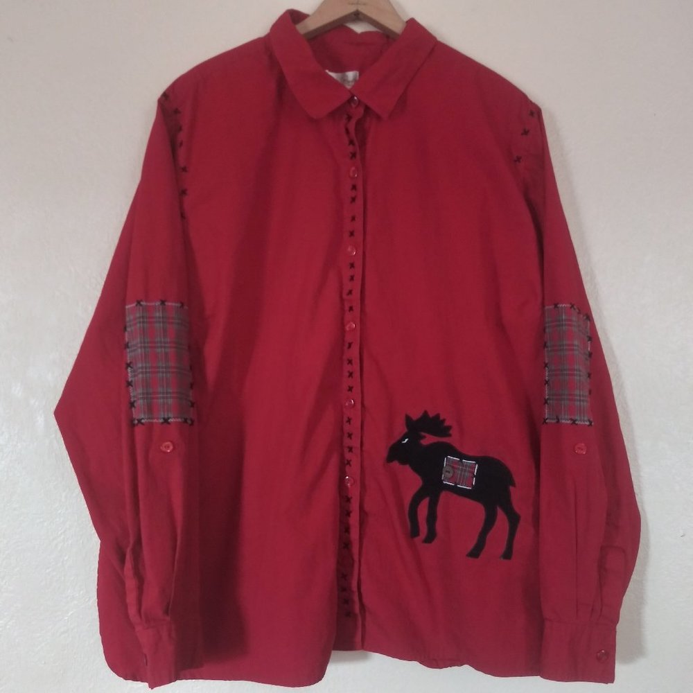 Bobbie Brooks Red Moose Stitching Long Sleeve Button Front Shirt Women's 26/28W